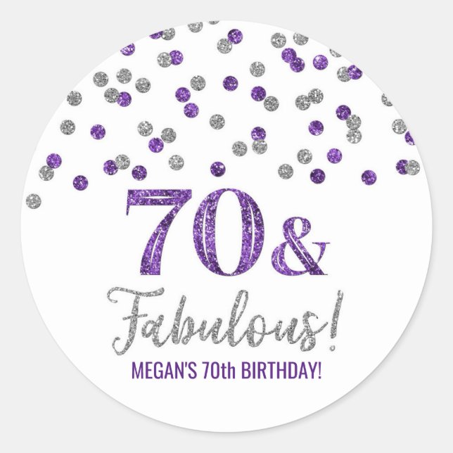 70 & Fabulous Geburtstag Lila Silver Confetti Runder Aufkleber (Vorderseite)