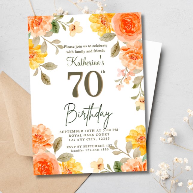 70. Floral Orange Yellow Boho Wasserfarbe Geburtst Einladung (Von Creator hochgeladen)