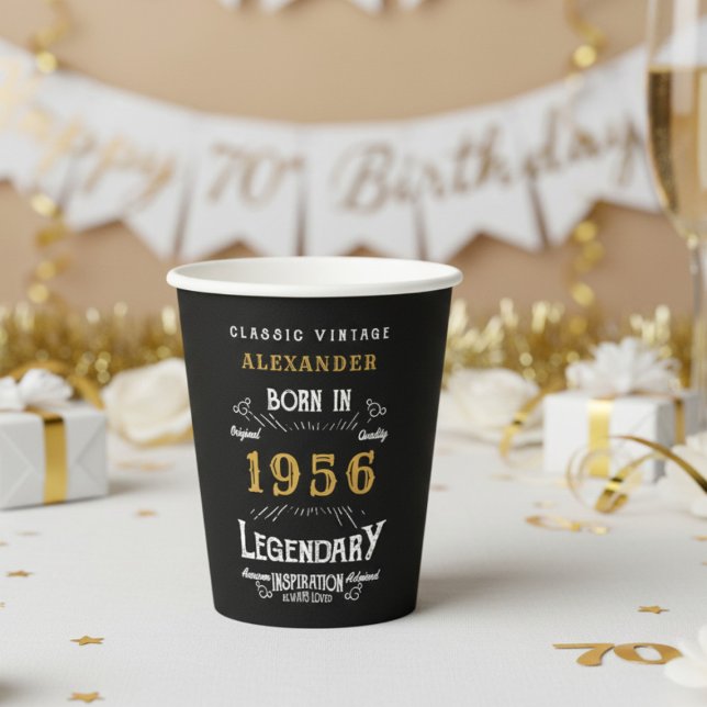70. Geburtstag 1956 Legendär Retro Pappbecher (1956 birthday black paper cup with white and gold background.)