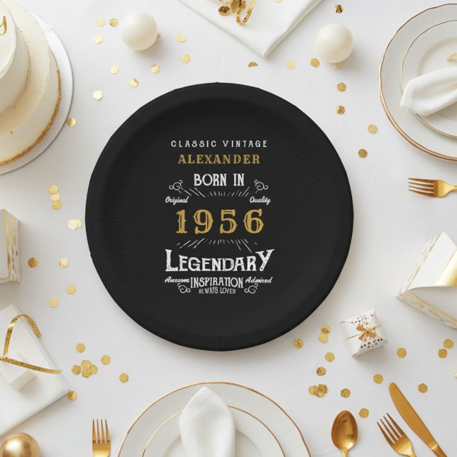 70. Geburtstag 1956 Legendär Retro Pappteller (1956 black paper plate on  a white and gold background)