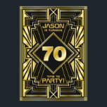 70. Geburtstag Art Deco Gold Black Great Gatsby Einladung<br><div class="desc">Mit diesem einzigartigen Art-Déco-Stil,  Great Gatsby- Design,  das geometrische Formen in hellem Gold auf schwarzem Hintergrund bietet,  laden Sie Ihre Gäste zu Ihrem Geburtstag ein. Ein elegantes,  elegantes,  geschlechtsneutrales Aussehen,  das perfekt zum Feiern dieses besonderen Geburtstags mit dem Jazz-Geschmack der Roaring Zwanziger passt.</div>