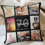 70. Geburtstag benutzerdefinierte Foto Collage Fra Kissen<br><div class="desc">Ein einzigartiges Geschenk für eine Frau 70. Geburtstag,  feiert ihr Leben mit einer Collage von 8 Ihrer eigenen Fotos,  Bilder. Personalisieren und fügen Sie ihren Namen,  Alter 70 und ein Datum. Ein schicker schwarzer Hintergrund. Graue und weiße Buchstaben und Zahlen. Der Name ist mit einem modernen handgeschriebenen Stilskript geschrieben.</div>