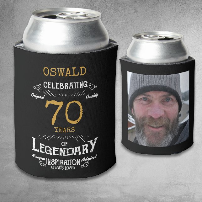 70. Geburtstag Black Gold Legendary Foto Dosenkühler (A personalized elegant 70th birthday can cooler that is easy to customize for that special birthday)