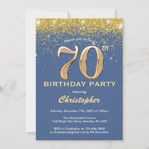 70. Geburtstag Blue and Gold Glitzer Confetti Einladung