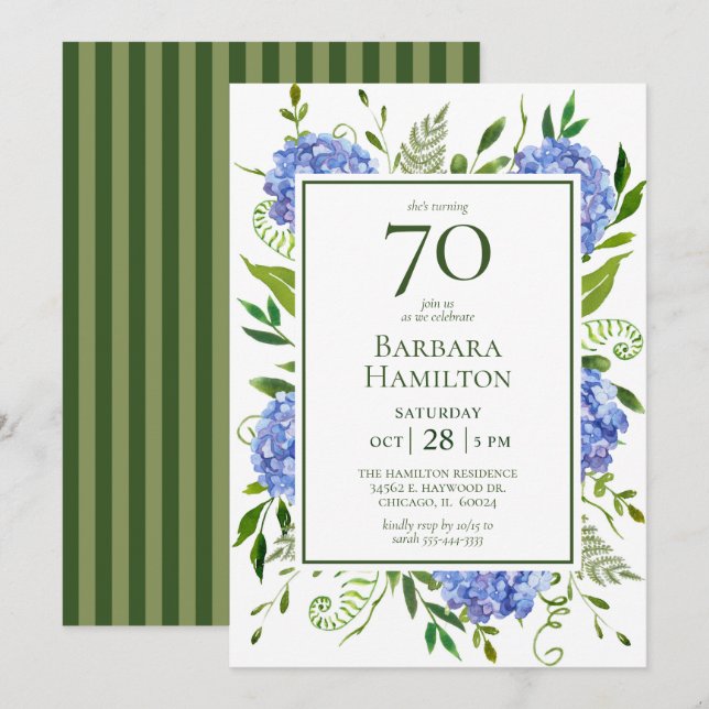 70. Geburtstag Blue Hydrangeas Einladung (Vorne/Hinten)