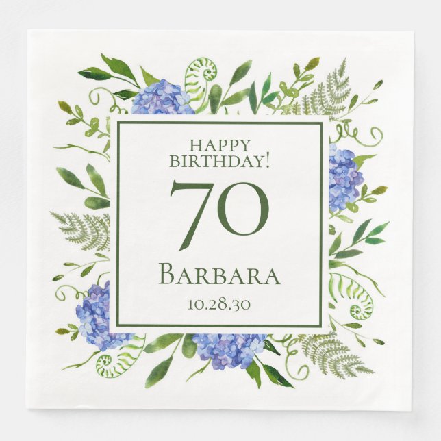 70. Geburtstag Blue Hydrangeas Serviette (Vorderseite)