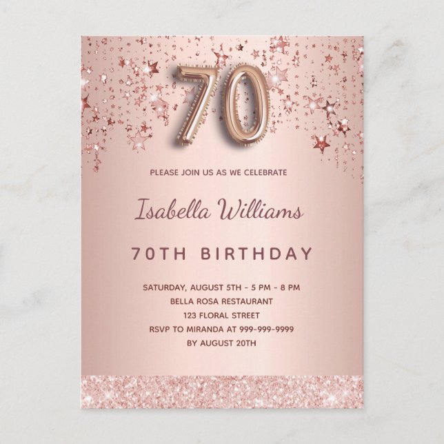 70. Geburtstag blush Rose goldene Sterne Ballonskr Postkarte (Vorderseite)