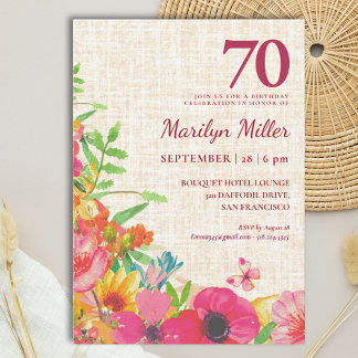 70. Geburtstag Bold Floral Linen Feier Einladung