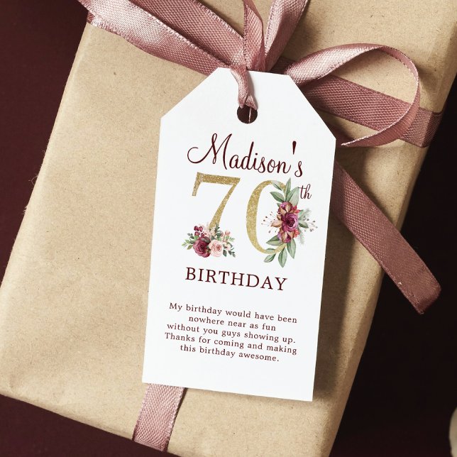 70. Geburtstag Burgund Gold Floral Personalisiert Geschenkanhänger (Von Creator hochgeladen)