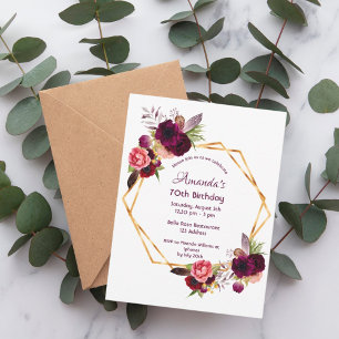 70. Geburtstag Burgunder Floral Gold Einladung Postkarte