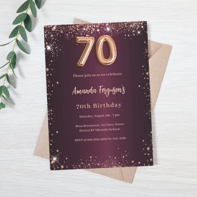 70. Geburtstag burgundische Rose Gold Einladung (Von Creator hochgeladen)