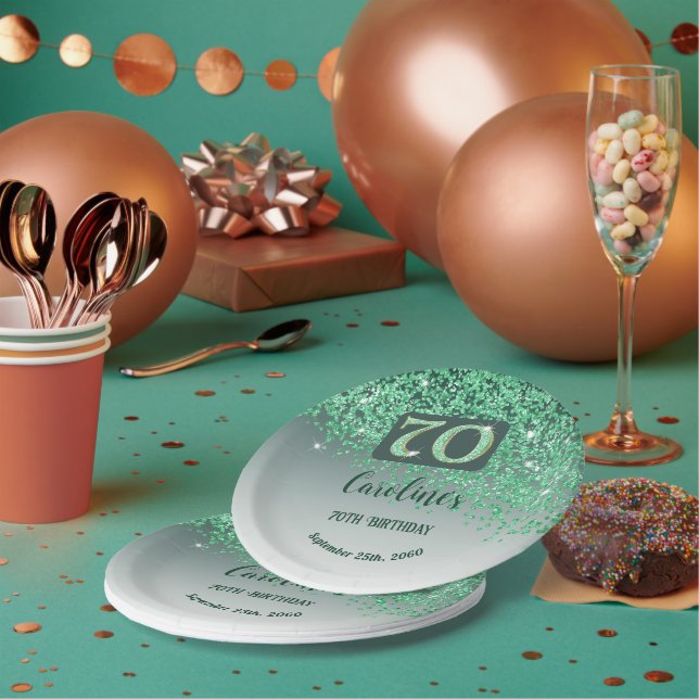 70. Geburtstag Chic Falling Green Glitzer Pappteller (Multi)