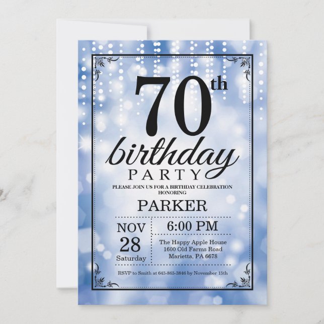 70. Geburtstag Einladung Blauer Glitzer (Vorderseite)
