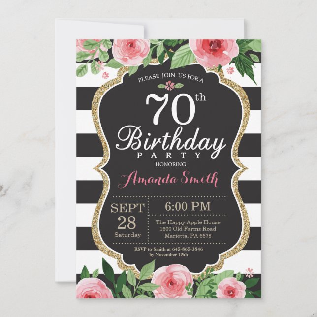 70. Geburtstag Einladung Frauen. Floral Gold Black (Vorderseite)