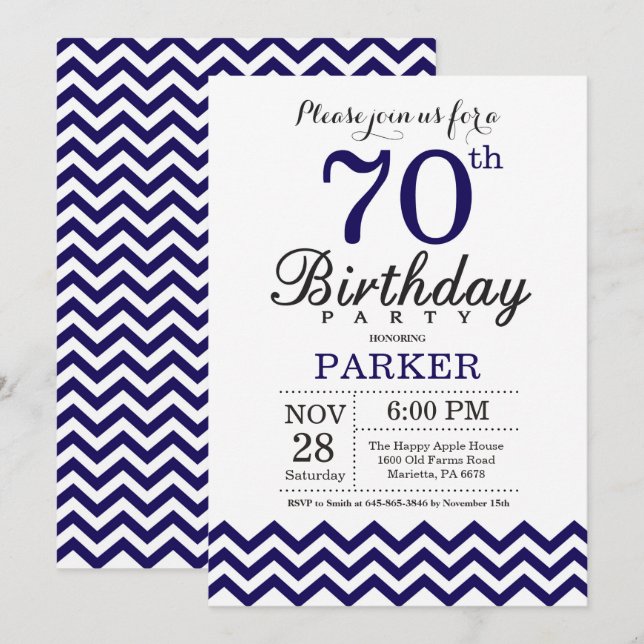 70. Geburtstag Einladung Navy Blue Zickzack (Vorne/Hinten)