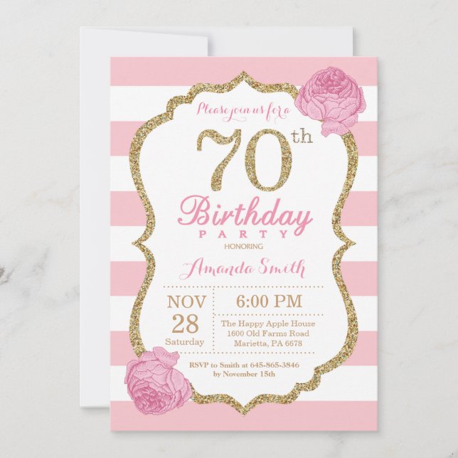 70. Geburtstag Einladung Rosa und Gold Floral (Vorderseite)
