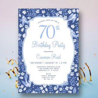 70. Geburtstag Elegant Blau Blume Weiblich Vogel Einladung