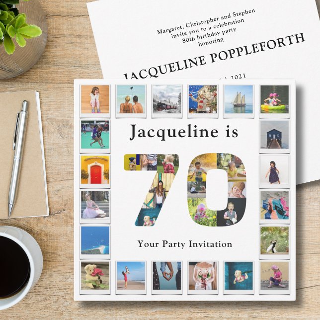 70. Geburtstag Entwerfen Sie Ihre eigene FotoColla Einladung (Personalized 70th birthday party invitation with family photo collage template.)