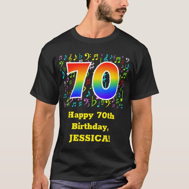 70. Geburtstag: Farbige Musiksymbole, Regenbogen 7 T-Shirt (Vorderseite)