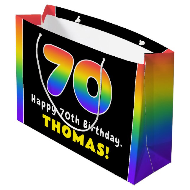 70. Geburtstag: Farbiger Regenbogen # 70, Individu Große Geschenktüte (Rückseite Schrägansicht)
