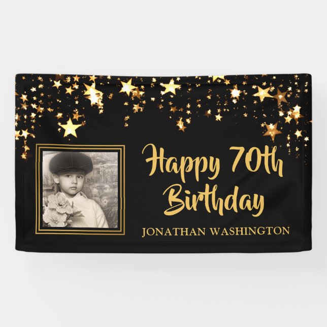 70. Geburtstag Foto Black Gold Stars Personalisier Banner (Horizontal)