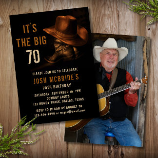 70. Geburtstag Foto Rustic Cowboy Hat Boots Einladung