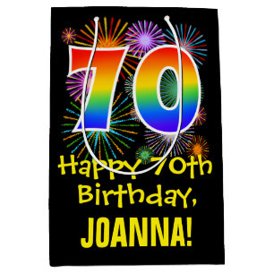 70. Geburtstag: Fun Fireworks Muster + Regenbogen  Mittlere Geschenktüte