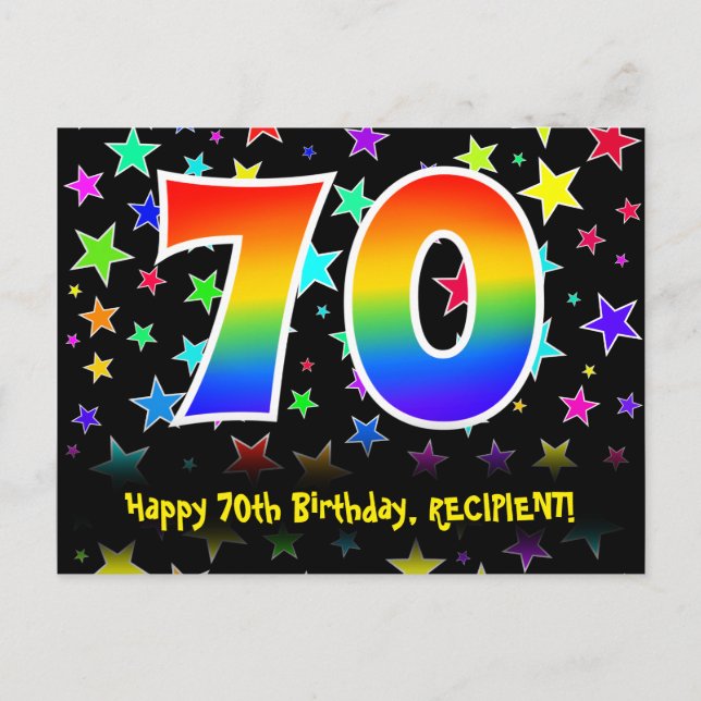 70. Geburtstag: Fun Stars Pattern, Regenbogen 70,  Postkarte (Vorderseite)