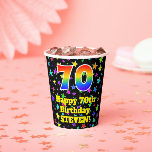 70. Geburtstag: Fun Stars Pattern und Regenbogen 7 Pappbecher