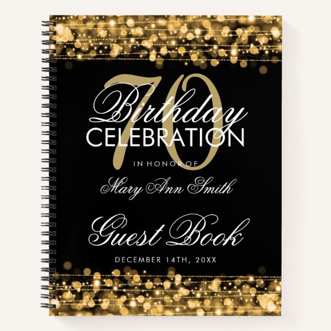 70. Geburtstag Gästebuch Party Glitzern Gold Notizbuch (Vorderseite)