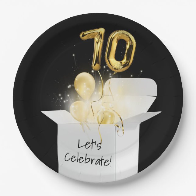 70. Geburtstag Gold Ballons in weißer Box Pappteller (Vorderseite)