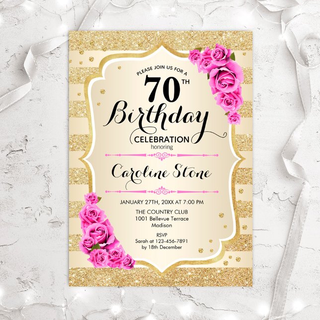 70. Geburtstag - Gold Streifen Rosa Rosen Einladun Einladung (Von Creator hochgeladen)