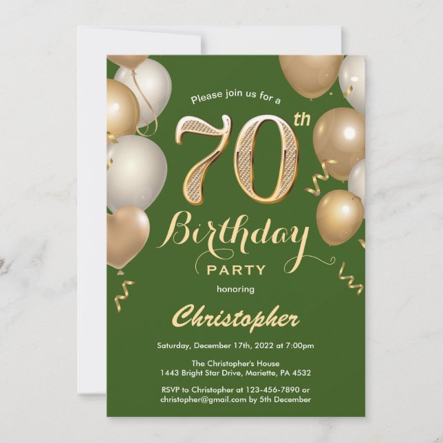 70. Geburtstag Green und Gold Balloons Confetti Einladung (Vorderseite)
