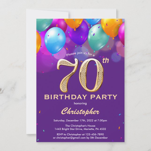 70. Geburtstag Lila und goldene Ballons Einladung (Vorderseite)