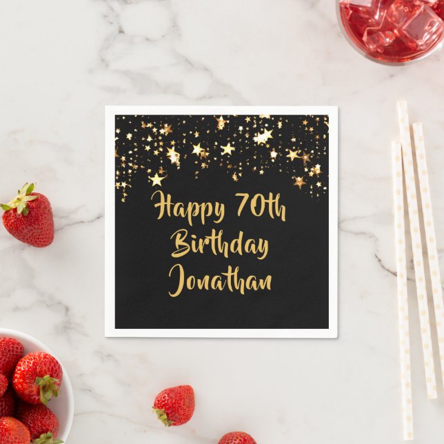 70. Geburtstag Moderne Black Gold Stars Name Serviette (Beispiel)