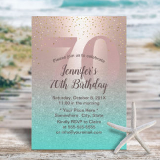 70. Geburtstag Moderne Blush Rose Gold Aqua Aquama Einladung