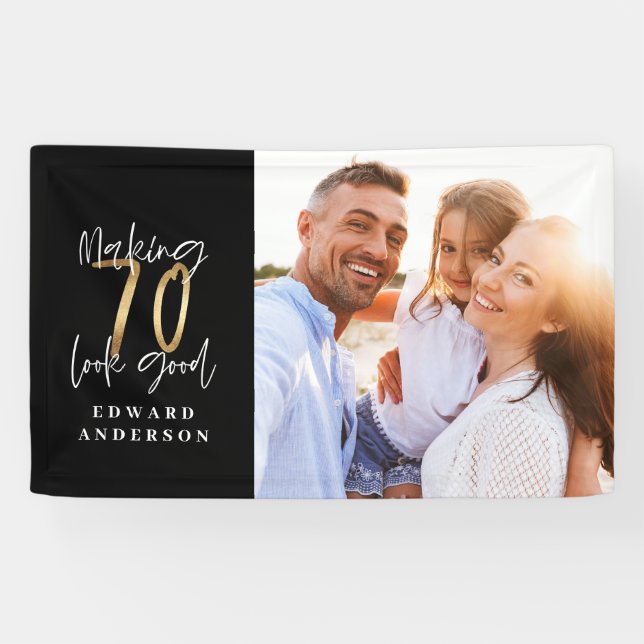 70. Geburtstag moderne Schwarz-Gold-Foto-Collage Banner (Horizontal)