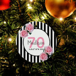 70. Geburtstag pinkfarbene Flora schwarze Streifen Keramik Ornament<br><div class="desc">Klassische schwarz-weiße Streifen als Hintergrund. Mit mädchenhaften,  femininen und romantischen rosa Rosen als Dekoration. Ein schwarz-weißer Rahmen vorne mit Vorlage für Alter,  Name und Datum. Altersnummer 70 in Rosa,  Name und Datum in schwarz. Der Name wird mit einem handgeschriebenen Stilskript geschrieben. Perfekt als 70. Geburtstagsgeschenk oder Sake.</div>