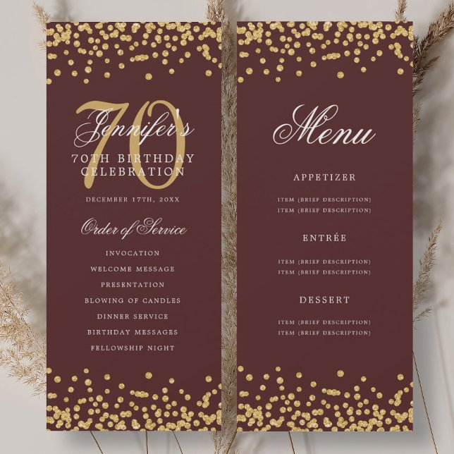 70. Geburtstag Programm Gold Burgundy Confetti Men (70th Birthday Program Gold Burgundy Confetti Menu)