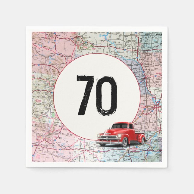 70. Geburtstag Red Retro Truck auf Roadmap Serviette (Vorderseite)