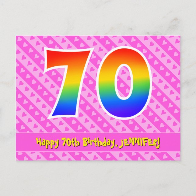 70. Geburtstag: Rosa Streifen & Herz, Regenbogen 7 Postkarte (Vorderseite)