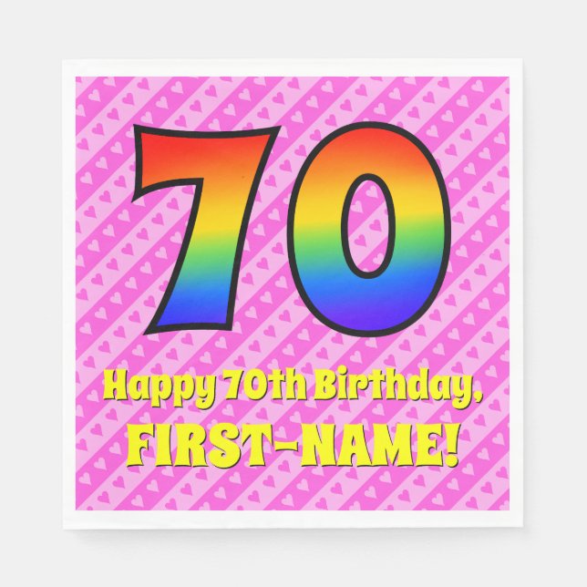 70. Geburtstag: Rosa Streifen & Herz, Regenbogen # Serviette (Vorderseite)