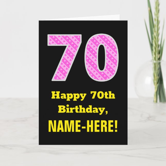 70. Geburtstag: Rosa Streifen und Herzen "70" + Na Karte (Vorderseite)