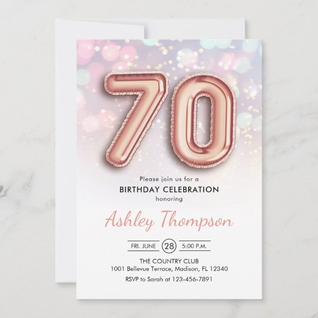 70. Geburtstag - Rose Gold Balloons Rosa Leuchten Einladung (Vorderseite)