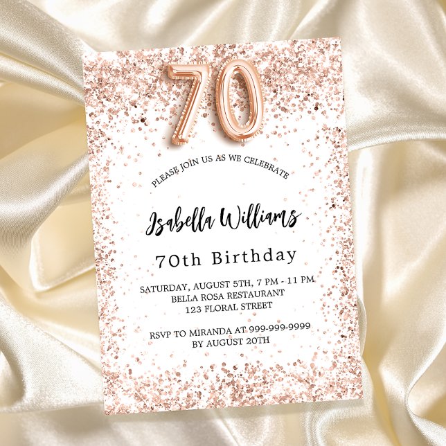 70. Geburtstag Rose Gold Weiß elegant Einladungspostkarte (Von Creator hochgeladen)