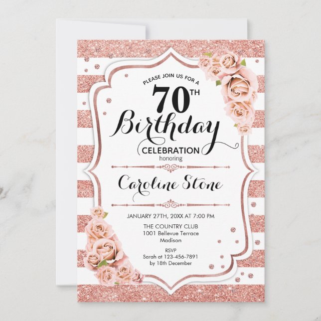 70. Geburtstag - Rose Gold Weiße Streifen Einladung (Vorderseite)