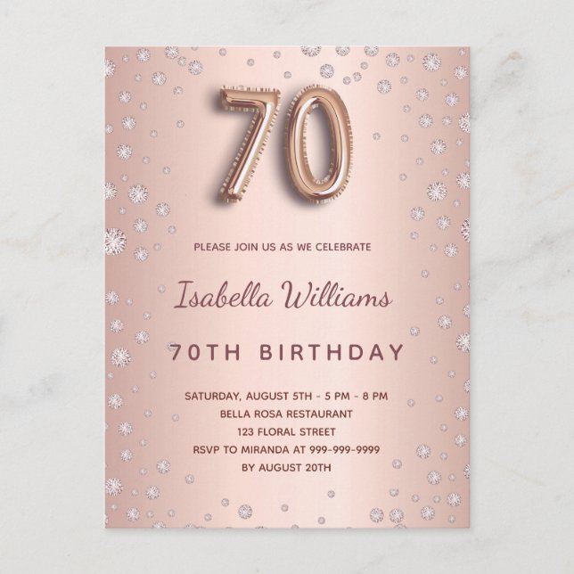 70. Geburtstag Rose Golddiamanten Ballonskript Postkarte (Vorderseite)