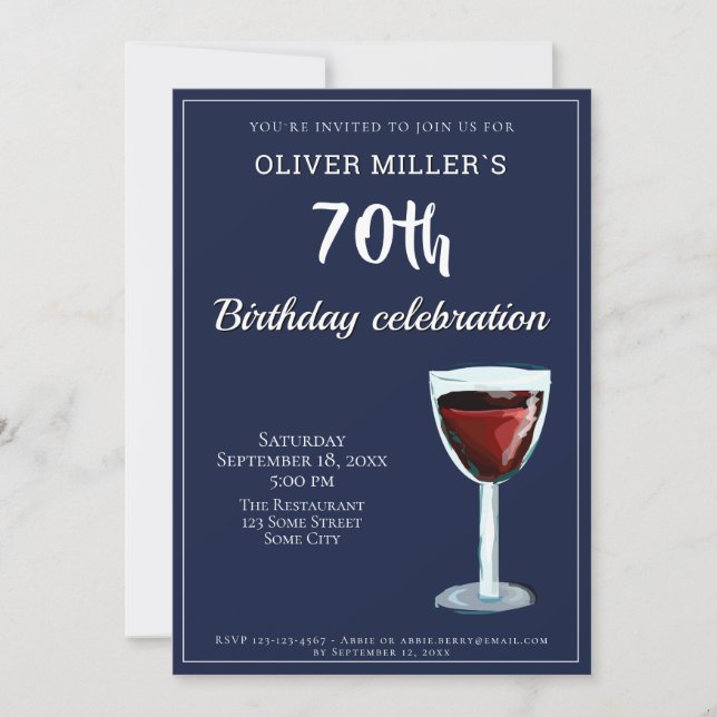 70. Geburtstag Roter Wein Marine Blue Party Einladung (Vorderseite)
