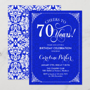 70. Geburtstag - Royal Blue White Damask Einladung