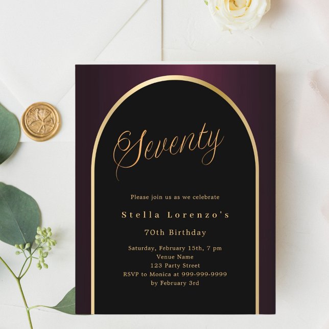 70. Geburtstag schwarz bordeauxrot goldene Bogen E (Von Creator hochgeladen)